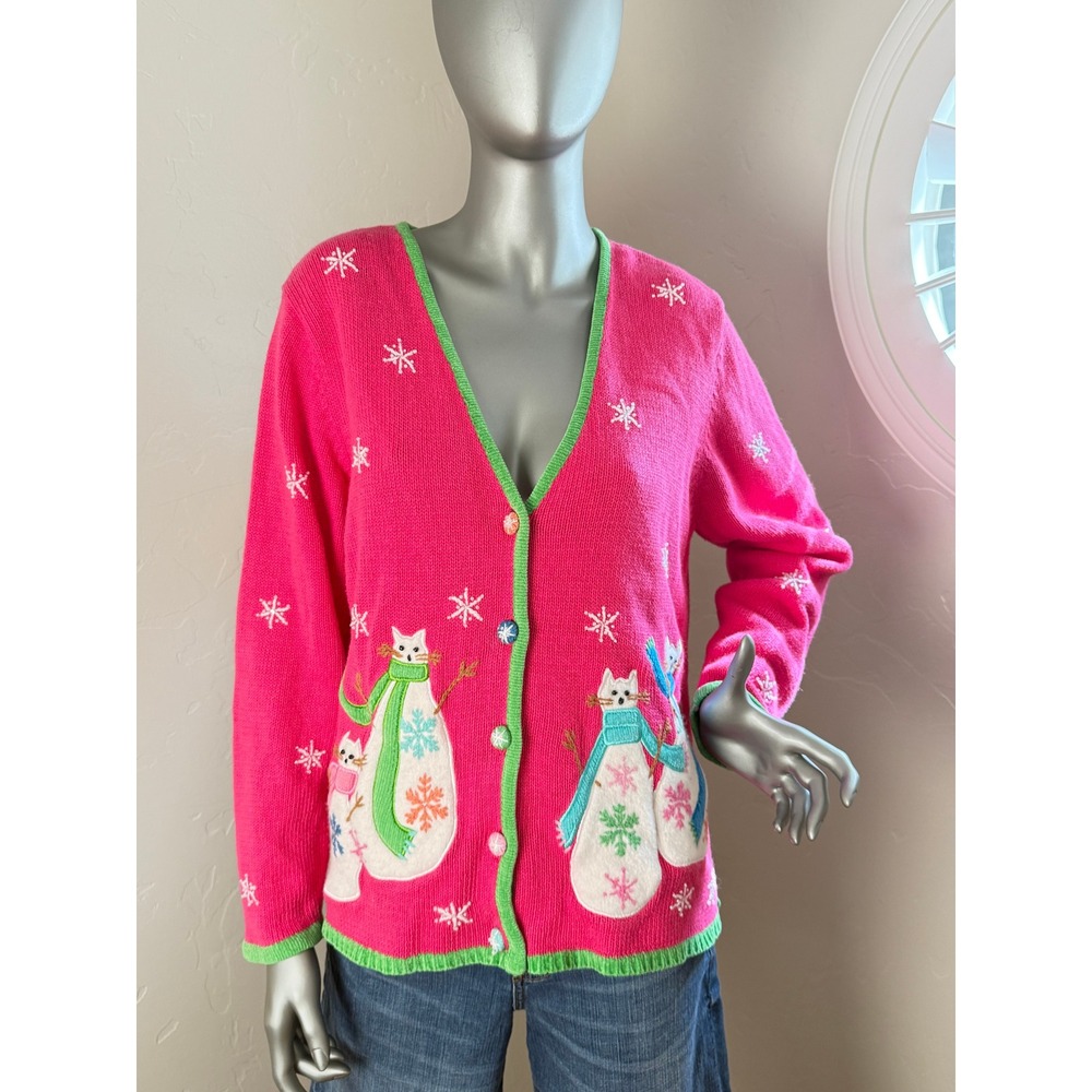 Vintage TimberLea Pink Christmas Cat Cardigan Sweater Novelty Ugly Holiday